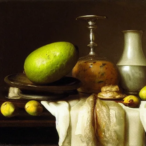 Image similar to still life by willem claesz heda, avocados, chalice, fly, linen, bread