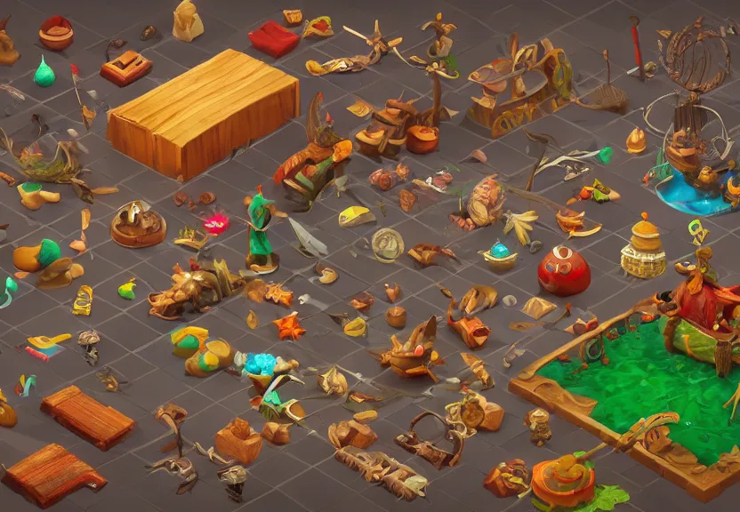 Prompt: isometric chubby 3 d game props, based on pirate kings, with detailed, clean, cartoon, octane render, unreal engine, artgerm, artstation