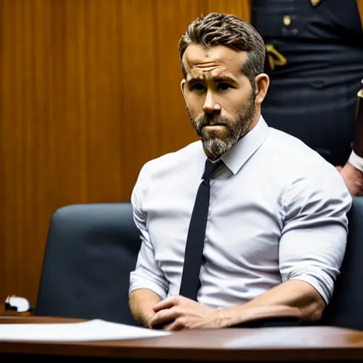 Image similar to ryan reynolds on trial sitting beside his lawyer in a courtroom, highly detailed, extremely high quality, hd, 4 k, 8 k, professional photographer, 4 0 mp, lifelike, top - rated, award winning, realistic, detailed lighting, detailed shadows, sharp, no blur, edited, corrected, trending