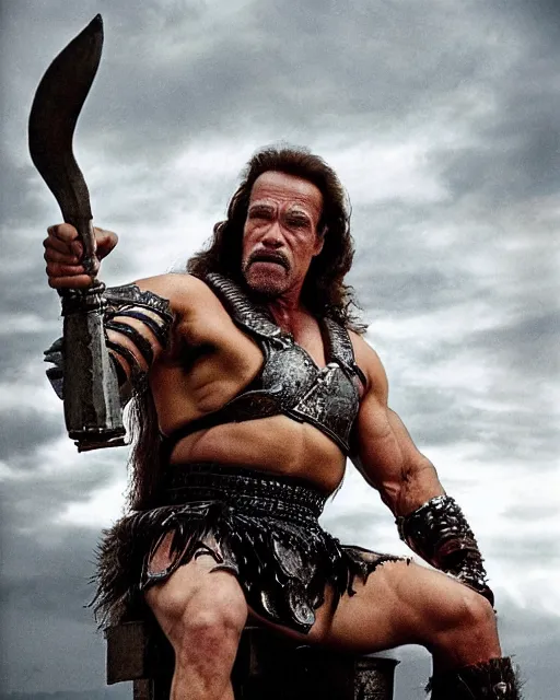 Image similar to arnold schwarzenegger as king conan, directed by john millius, photorealistic, sitting on a metal throne, wearing ancient cimmerian armor, a battle axe to his side, he has a beard and graying hair, on the floor in front of him is an armored komodo dragon, cinematic photoshoot in the style of annie leibovitz, studio lighting