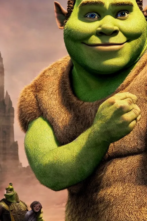 Image similar to Chris Pratt as Shrek in live action adaptation, green skin, set photograph in costume, cosplay