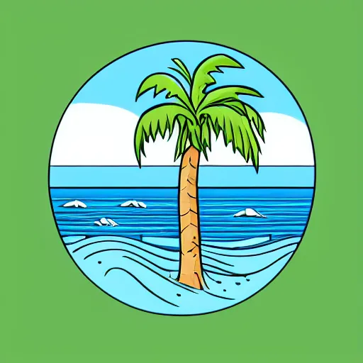 Prompt: waves in bottom front of a palm tree in front of a giant volleyball vector logo, professional sports style, flat colour, svg, professional, sharp edges