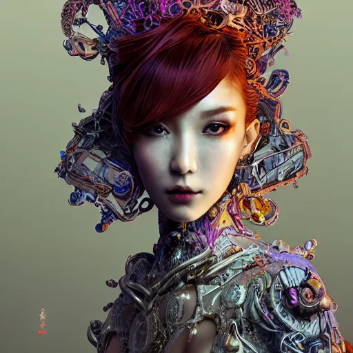 Image similar to the portrait of an absurdly beautiful, graceful, elegant, sophisticated, fashionable cyberpunk gravure idol, an ultrafine hyperdetailed illustration by kim jung gi, irakli nadar, takato yamamoto, intricate linework, bright colors, porcelain skin, unreal engine 5 highly rendered, fashion photography, fractal background, global illumination, radiant light, detailed and intricate environment