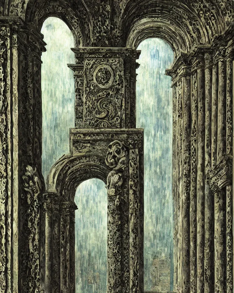 Prompt: achingly beautiful painting of intricate ancient giger columns and epic door on jade background by rene magritte, monet, and turner. giovanni battista piranesi.