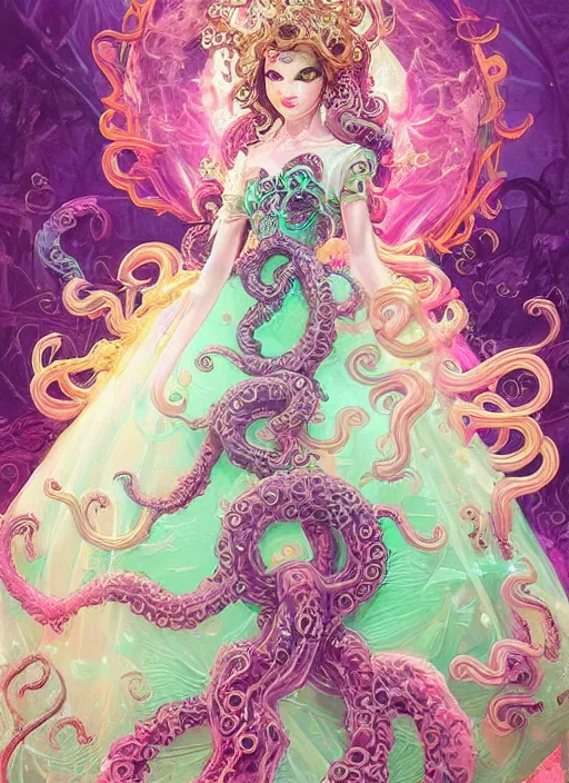 Image similar to A full body shot of a cute and mischievous young monster princess wearing an ornate gown. Covered in barnacles and tentacles. Dynamic Pose. Quinceanera dress. Rainbow palette. rainbowcore. Eldritch Beauty. defined facial features, symmetrical facial features. Opalescent surface. beautiful lighting. By Ruan Jia and Artgerm and Range Murata and WLOP and Ross Tran and William-Adolphe Bouguereau. Key Art. realistic, Hyperdetailed. Fantasy Illustration. Masterpiece. artstation, award winning, sharp, details, HD, HDR, 4K, 8K.