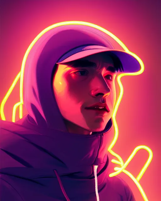 Prompt: neo - noir art style, hyper - realistic detailed portrait of a man in a hoodie, with neon visor, dynamic pose, symmetrical background, by atey ghailan, by greg rutkowski, by greg tocchini, by james gilleard, by joe fenton, by kaethe butcher, sharp focus