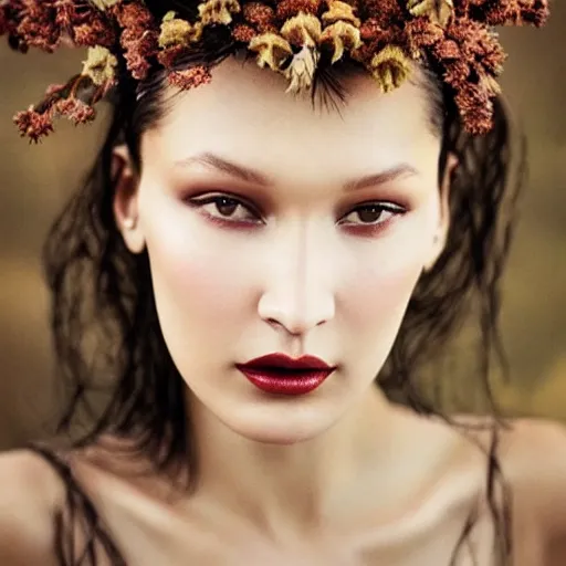 Image similar to fine art photo of bella hadid, she has a crown of dried flowers, by oleg oprisco