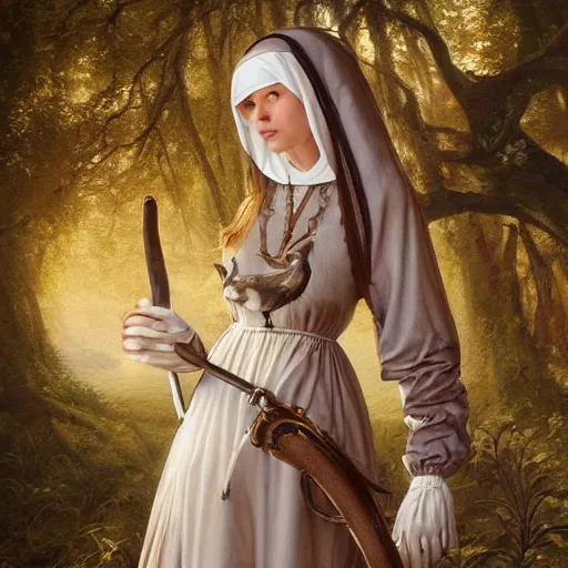 Prompt: A masterpiece ultrarealistic ultradetailed portrait of a Incredibly beautiful maid baroque renaissance swamp nun girl hunting on deer with russian greyhound medium shot, intricate, elegant, highly detailed. trending on artstation, digital art, by Stanley Artgerm Lau, WLOP, Rossdraws, James Jean, Andrei Riabovitchev, Marc Simonetti, Yoshitaka Amano. background by James Jean and Gustav Klimt, light by Julie Bell, 4k, porcelain skin.