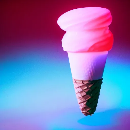 Image similar to a glowing, levitating ice cream cone with semitransparent ice cream containing a tungsten filament