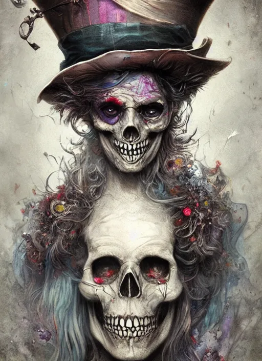 Image similar to mad hatter the magician tarot card, highly detailed, half skull face, cinematic, 8 k, by stanley artgermm, tom bagshaw, greg rutkowski, carne griffiths, ayami kojima, beksinski, giger, trending on deviantart, hyper detailed, horror, full of colour