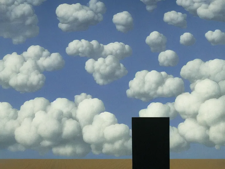 Prompt: hypercube in front of a cloudy sky and black floor painting by rene magritte, high detail, high resolution