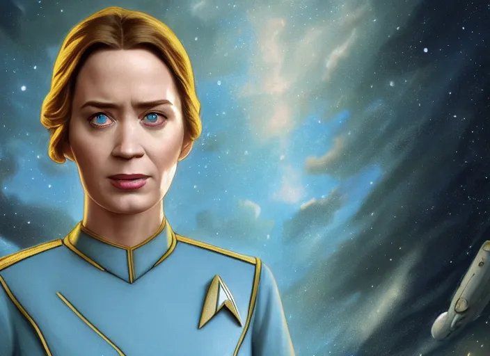 Image similar to a disney film still of emily blunt as a star trek officer, finely detailed features, closeup of the face, perfect art, dusk, blue hour, gapmoe yandere grimdark, trending on pixiv fanbox, painted by greg rutkowski, makoto shinkai, takashi takeuchi, alphonse mucha, akihiko yoshida