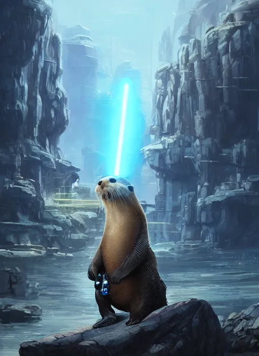 Image similar to portrait, anthropomorphic otter wearing Jedi robes wielding a blue lightsaber in a futuristic river town. Dramatic lighting, cinematic, establishing shot, extremely high detail, photo realistic, post processed, artstation, matte painting, style by eddie mendoza, raphael lacoste, alex ross