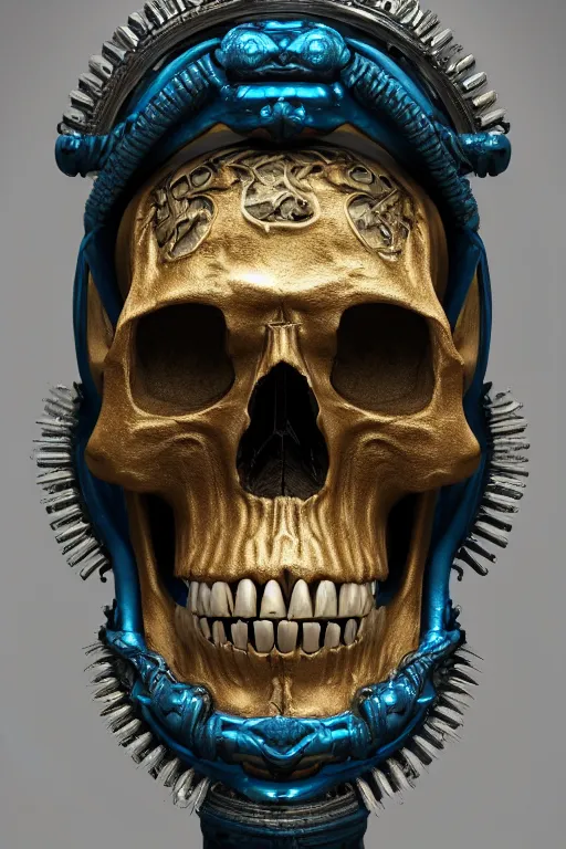 Prompt: hyperrealistic 3d render ultra detailed of a skull, art deco, steam punk, intricate gears details, hyperrealistic, Volumetric lighting, ultra detailed, elegant, octane render, blue and gold, 8k, trending on Artstation, unreal engine