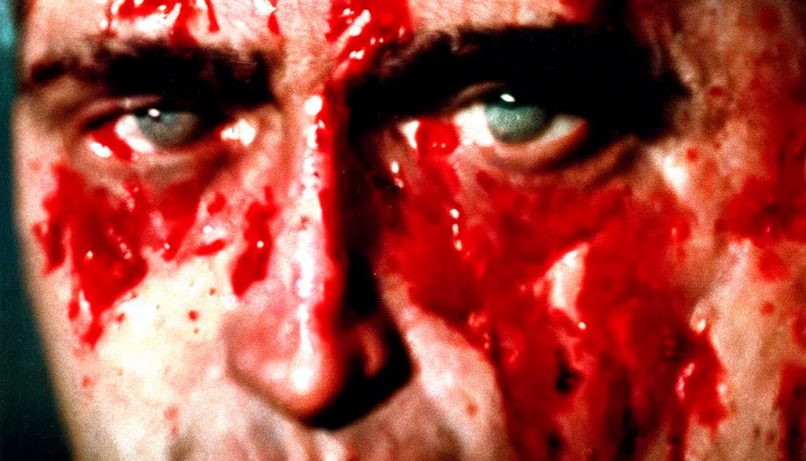 Image similar to 1 9 6 0 s movie still close - up of marcus atilius regulus'face with blood in the eyes down the eyes, cinestill 8 0 0 t 3 5 mm, high quality, heavy grain, high detail, texture, dramatic light