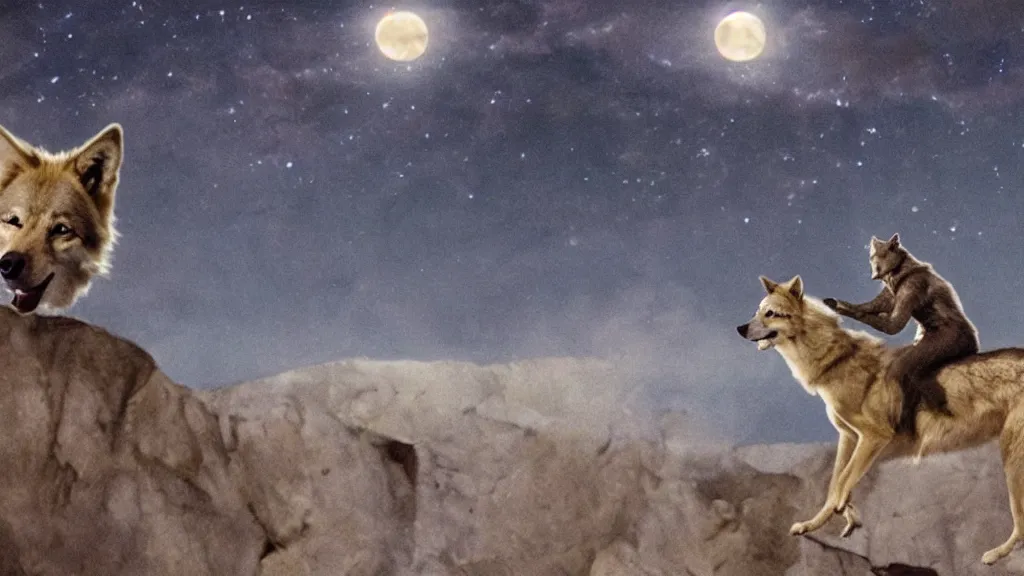 Image similar to Beautiful cinematography of a close up highly detailed David Bowie riding a wolf at night, while on top of a large cliff with the full moon in the background