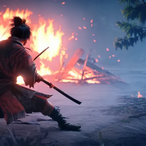 Image similar to japanese ninja boss inspired from sekiro shadows die twice near a camp fire, evening time, digital illustration, highly detailed art, 8k image quality, full body camera shot