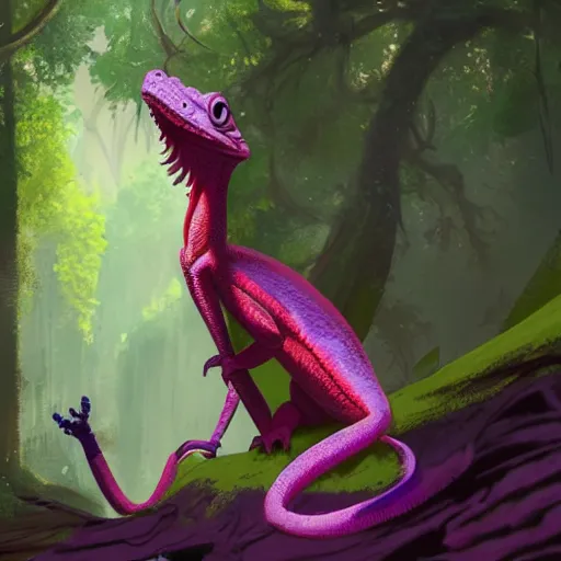 Image similar to concept art painting of an anthropomorphic lizard wearing magenta wizard robes, in the deep forest, realistic, detailed, cel shaded, in the style of makoto shinkai and greg rutkowski and james gurney