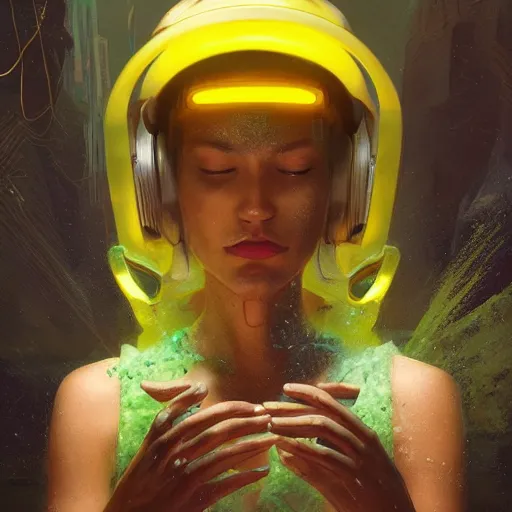 Prompt: a sage meditates under a waterfall pieces with glowing yelow visor as a realistic scifi cyberpunk, torso, art by james jean and greg rutkowski!!, realistic face, digital art,, golden ratio, perfect composition, trending on artstation, 8 k