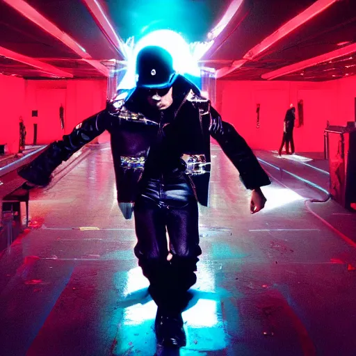 Prompt: eerie cybernetic cyberpunk cyber Jamiroquai, award winning photo, dancing