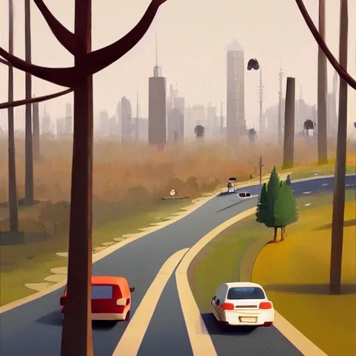 Prompt: goro fujita ilustration on the left you can see the big city, on the right you can see the forest there is a highway halfway full of cars leaving the city, painting by goro fujita, sharp focus, highly detailed, artstation