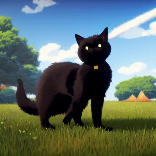 Prompt: a wholesome animation key shot of a black cat! looking a biplane! in the sky, medium shot, studio ghibli, pixar and disney animation, sharp, rendered in unreal engine 5, anime key art by greg rutkowski, bloom, dramatic lighting