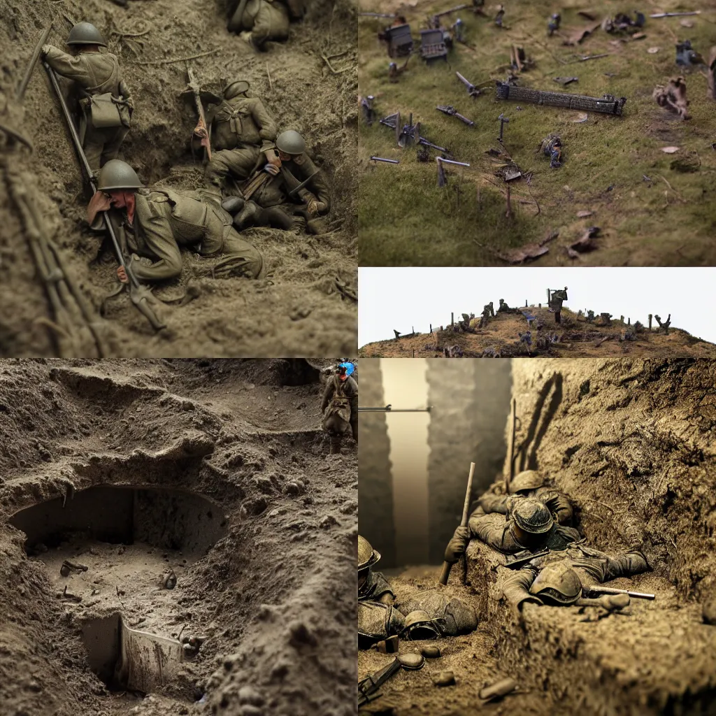 Prompt: a diorama of a world war 1 trench, sleepy soldiers, extreme detail, tilt shift, soft lighting, realistic octane render, 8k