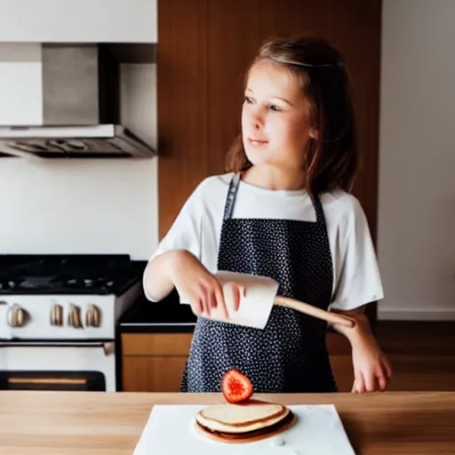 Prompt: a beautiful girl cooks delicious pancakes in a minimalist kitchen with white walls, a red oak table.