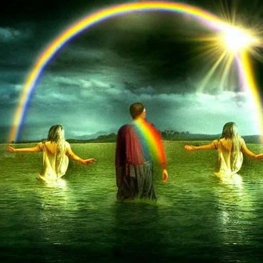 Image similar to Souls floating in the presence of God, HDR, Beautiful, Epic, Cinematic, Rainbows, Holy. HDR