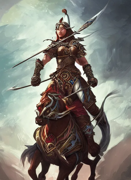 Prompt: a highly detailed illustration of fierce mongol warrior princess riding horse, heroic wielding bow pose, intricate, elegant, highly detailed, centered, digital painting, artstation, concept art, smooth, sharp focus, league of legends concept art, wlop.