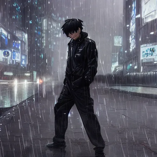 Prompt: killua zoldyck black hair, pretty face, rain, techwear, formal wear, streetwear, cyberpunk style outfit, greg rutkowski, ross tran, takato yomamoto, wlop, ilya kuvshinov, intricate complexity, detailed portrait, 4 k, cinematic lighting, artstation, sharp focus, smooth, makoto shinkai