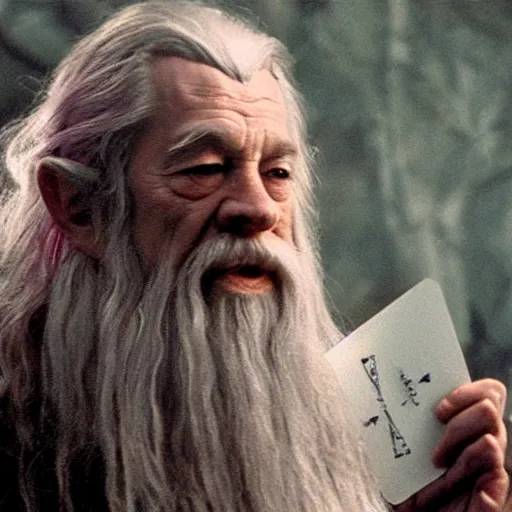 Prompt: portrait of gandalf the pink, hair ribbon, holding a blank playing card up to the camera, movie still from the lord of the rings