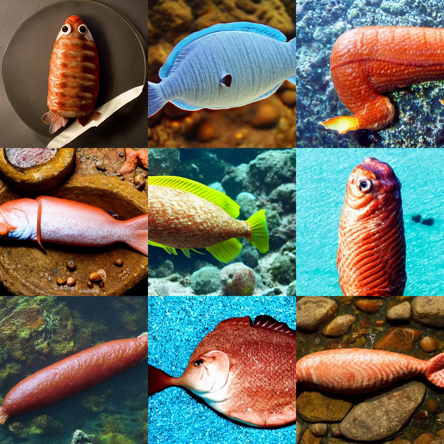Prompt: photo of a fish that looks like a sausage