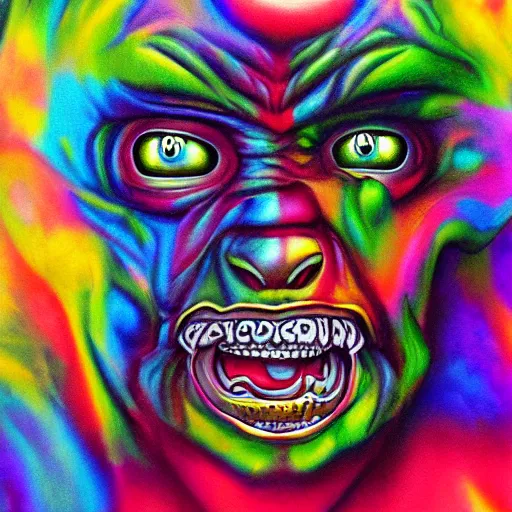 Image similar to stylized psychedelic airbrush art of an orc on a motorcycle