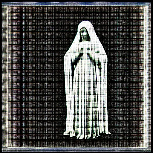 Image similar to vhs static overlay of marian apparition, vhs, 1 9 9 0, highly realistic, highly detailed, vhs noise static, black and white, vhs glitch