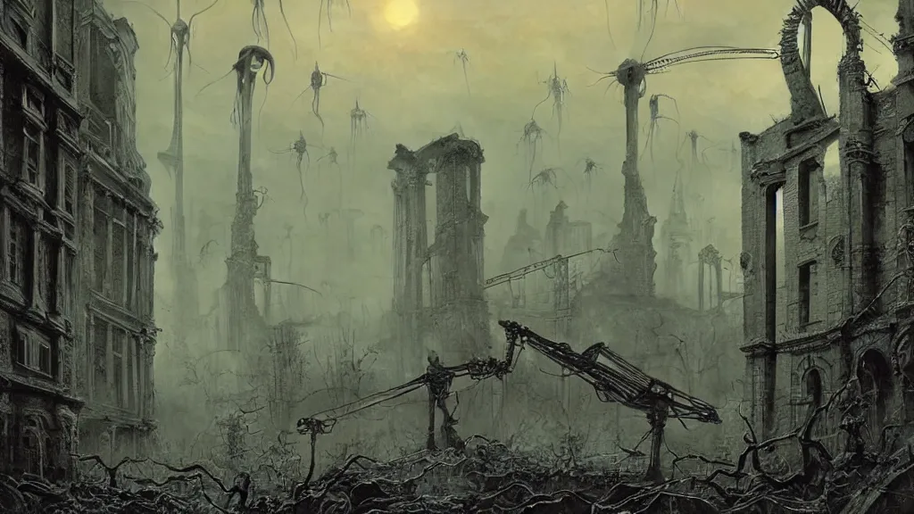 Image similar to war of the worlds, alien tripods over the ruins of 1 9 th century london by zdzislaw beksinski and bogdan rezunenko, intricate, detailed, volumetric lighting, sharp focus, scenery, photorealism, digital painting, highly detailed, concept art.