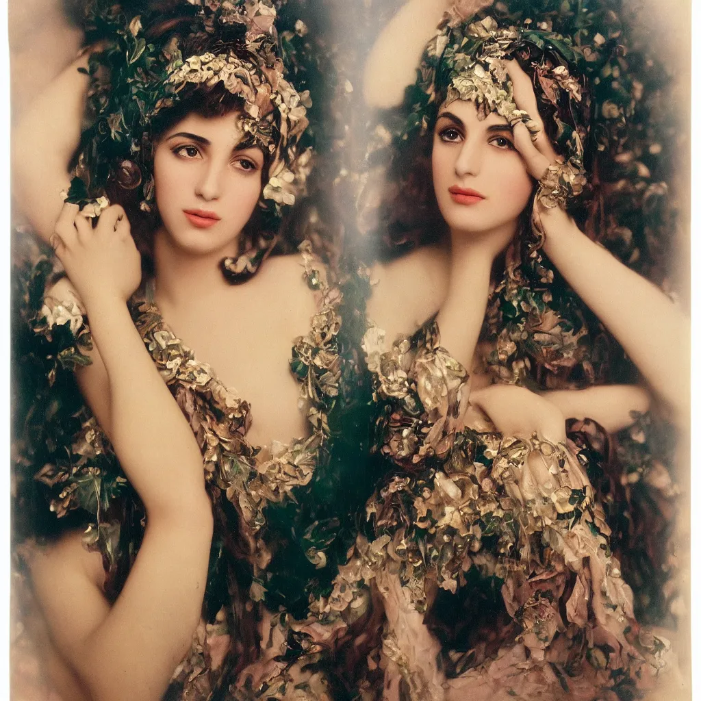 Image similar to a portrait photograph of a beautiful glamorous young lebanese woman by richard avedon styled by alphonse mucha, award winning, cooke 8 5 mm f / 1. 2, lomography color 4 0 0 film stock, low - key studio lighting,