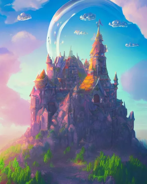 Image similar to flying cloud castle, bubble buildings, illustration, bright, blue sky, mountains, colorful, cinematic lighting, fantasy, high detail, masterpiece, artstation, 4 k, art by wylie beckert