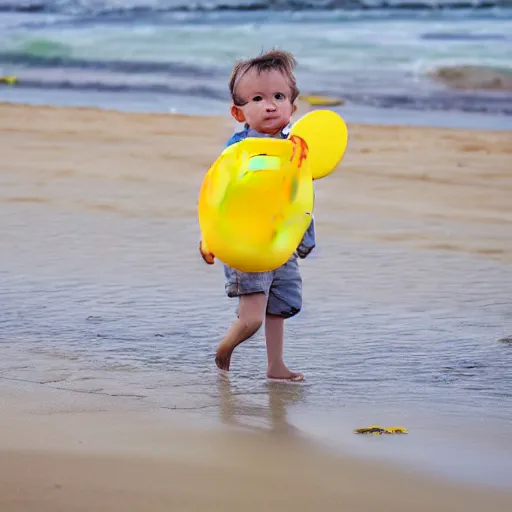 Image similar to a little boy on the beach, yellow floaties, XF IQ4, f/1.4, ISO 200, 1/160s, 8K, RAW, unedited, symmetrical balance, in-frame