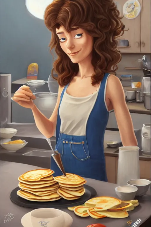 Image similar to katherine taubert making pancakes, animation pixar style, by pendleton ward, magali villeneuve, artgerm, rob rey and kentaro miura style, golden ratio, trending on art station