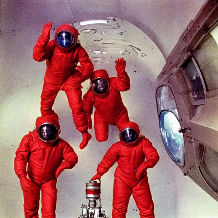 Prompt: two scientists wearing red hazmat suits entering zero gravity galactic portal frank frazetta