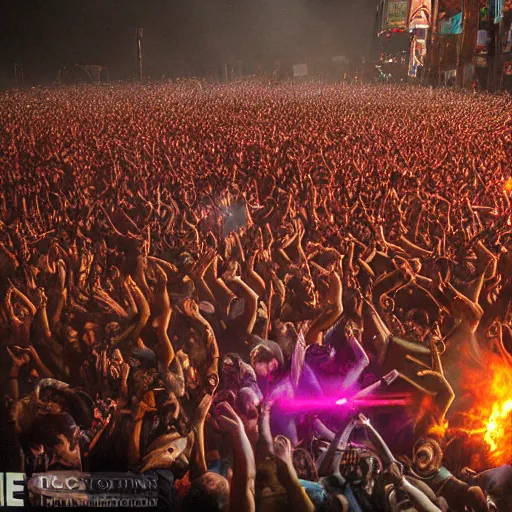 Image similar to the biggest mosh pit in the world, punks throwing Molotovs in the air, fighting, flame and fire, glowing upside cross, dynamic lighting, reflections, people falling out from the sky, punks kicking and thrashing, chaotic, rios, colorful glow, cinematic, epic, volumetric, godrays, dynamic lighting, dust flying up into the air, people shooting into the air with guns, octane render, photorealistic, unreal engine, artstation, artstation trending, artstation hq, artstation hd, ethereal, Pinterest, 8k, ultra detailed, ultra realistic,