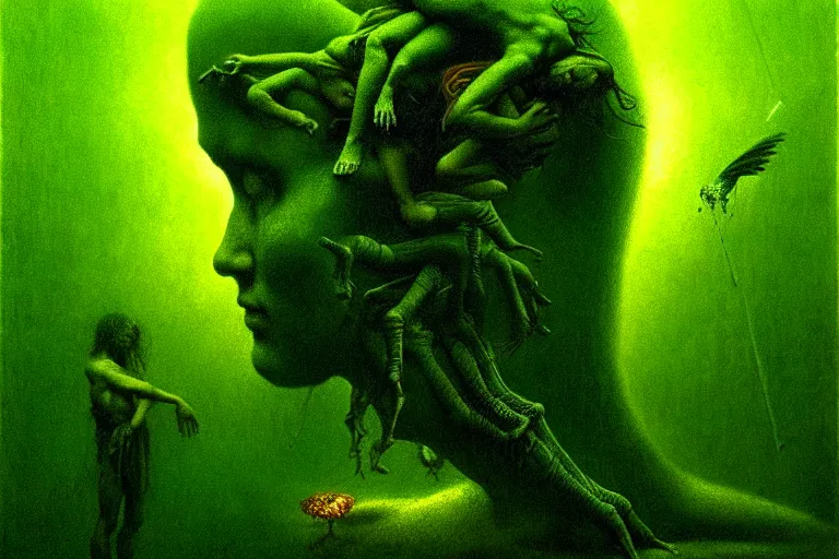 Image similar to allegory of metamorphosis, in the style of beksinski, intricate and epic composition, green by caravaggio, insanely quality, highly detailed, masterpiece, green light, artstation, 4 k