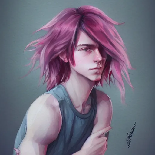 Prompt: shoulder-length pink haired boy, pink eyes, watercolor, highly detailed, artstation, by charlie bowater