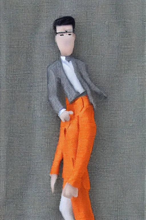 Prompt: a scene depicting a orange haired character wearing a voluminous suit made from linen and transparent plastic, acrylic, super detailed, soft light