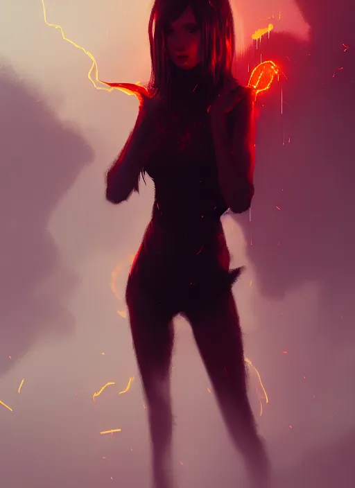 Image similar to satan daughter, wearing, outfit, clothes, full body, fire, hell, lightning, pyromancer, intricate, elegant, highly detailed, digital painting, artstation, concept art, smooth, sharp focus, illustration, ethereal, misty, by ilya kuvshinov and jeremy mann, 8 k, octane render