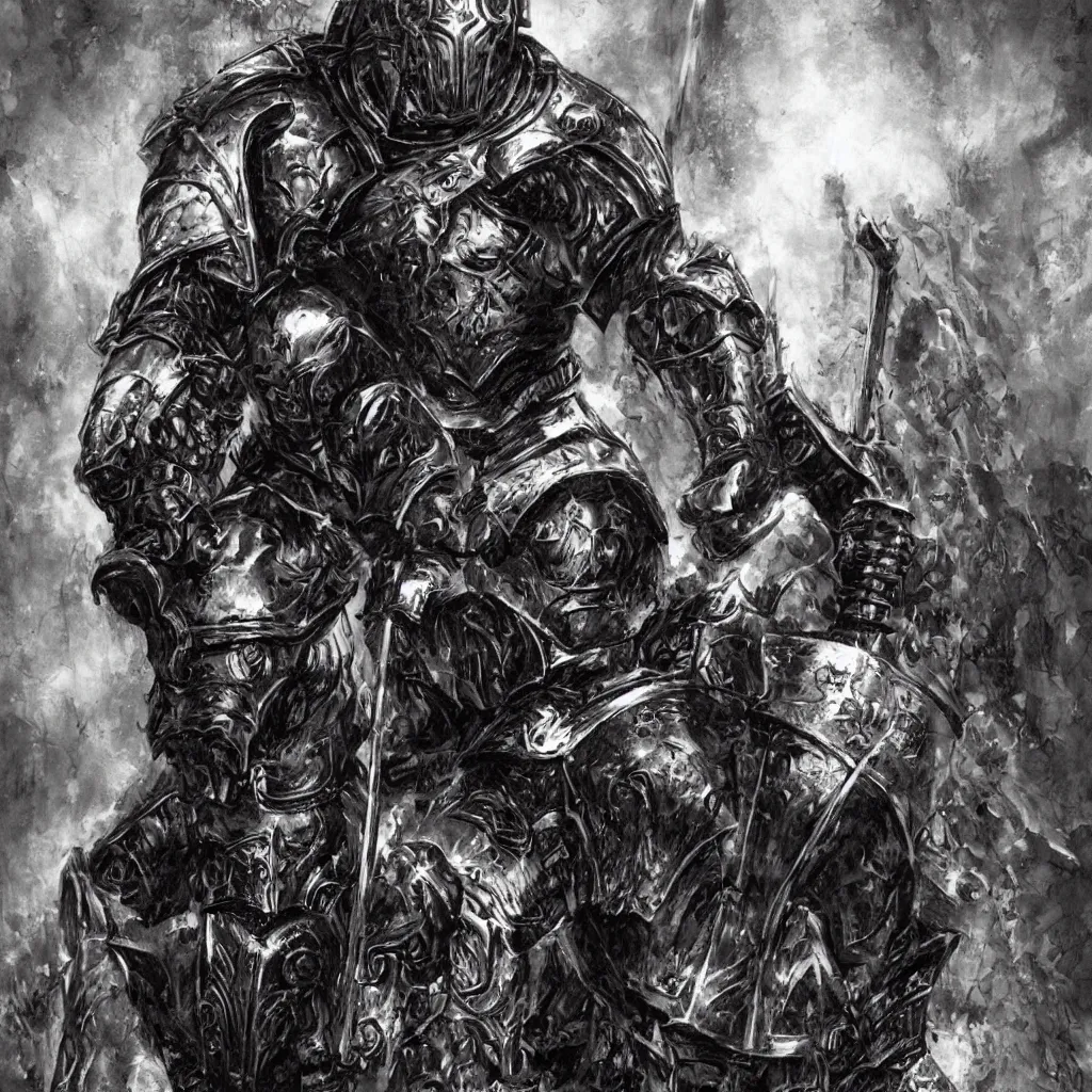 Image similar to a gritty fantasy knight in heavy iron armor holding a large staff, comic book art, fantasy, oil painting, art by jim lee,, dark, moody, dramatic,