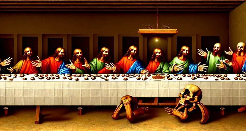 Image similar to masterpiece art last supper, all skeletons, extremely detailed, artstation, by leonardo da vinci, trending on artstation