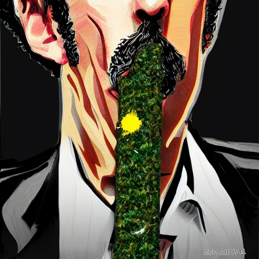 Image similar to Sacha Baron Cohen as borat smoking a giant rolled cannabis cigarette, caricature, smoke, amazing detail, digital art, artstation