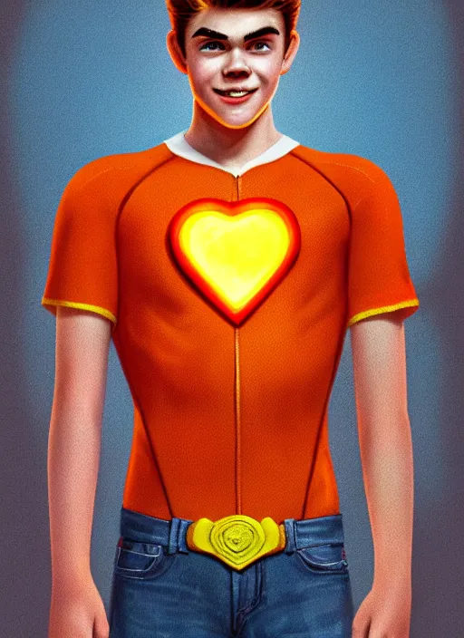 Image similar to friendly teenage archie andrews wearing an orange superhero costume with heart logo, freckles, superhero costume, heart emblem on chest, cape, intricate, elegant, glowing lights, highly detailed, digital painting, artstation, sharp focus, illustration, art by wlop, mars ravelo and greg rutkowski